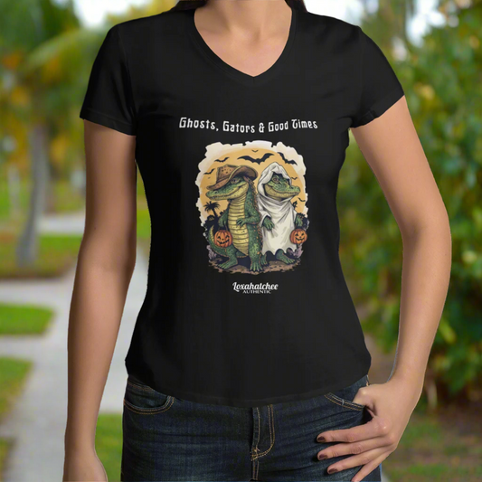 Black t-shirt with a graphic design of a ghost and alligator, text 'Ghosts, Gators & Good Times', and logo on a white background.